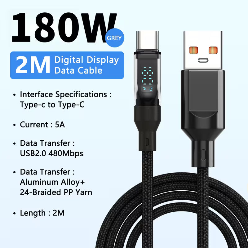 180W सुपर फास्ट चार्जिंग USB A to Type-C केबल With LED Digital Display