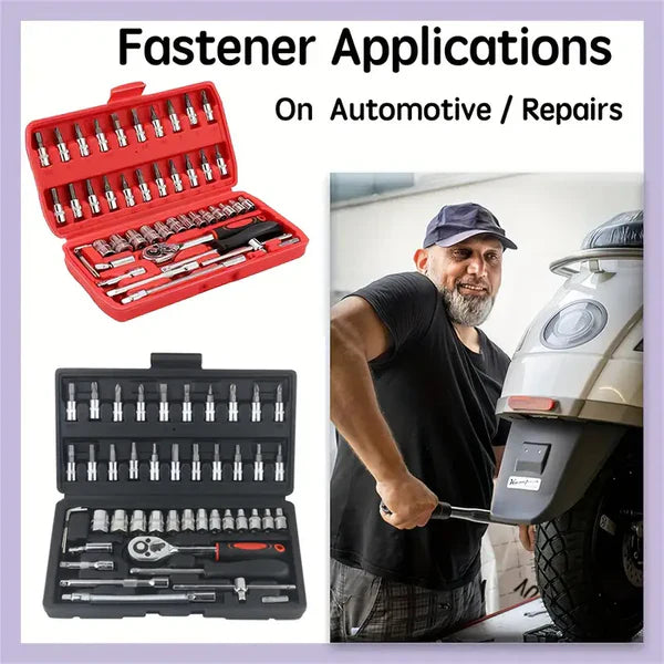 ह्यान्ड टुल्स सेट – एडजस्टेबल लामो ह्यान्डल र्याचेट रेञ्च ४६ टुक्रा कार मर्मत उपकरण किट