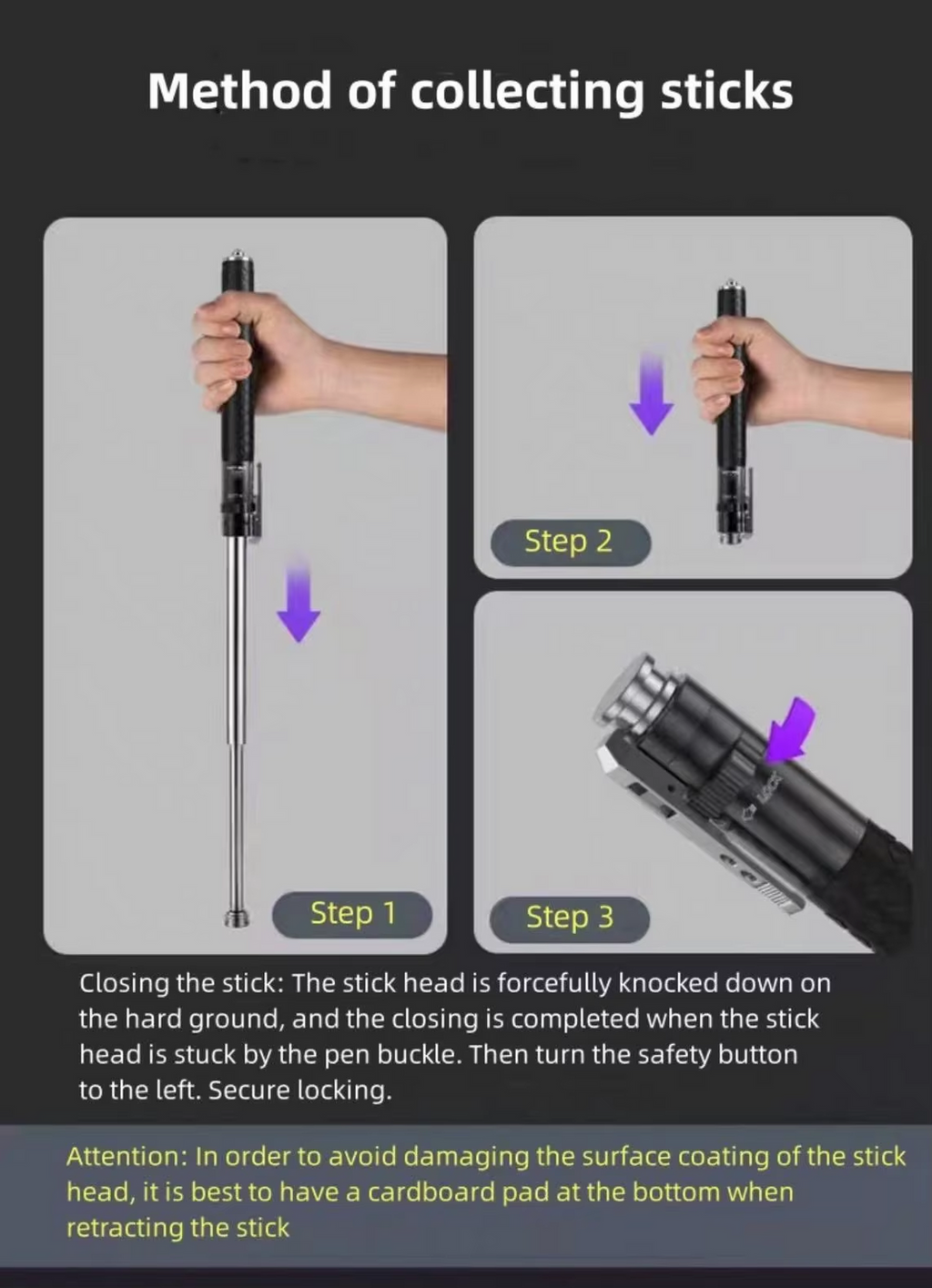 Automatic Spring Expandable Baton – Self-Defense Weapon, Legal Car-Carry Solid Steel Telescopic Stick (3-Section)