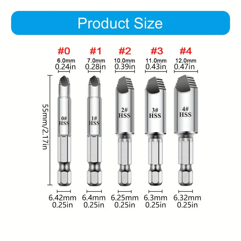 ५ वटा बिग्रिएका स्क्रू निकाल्ने ड्रिलहरूको सेट