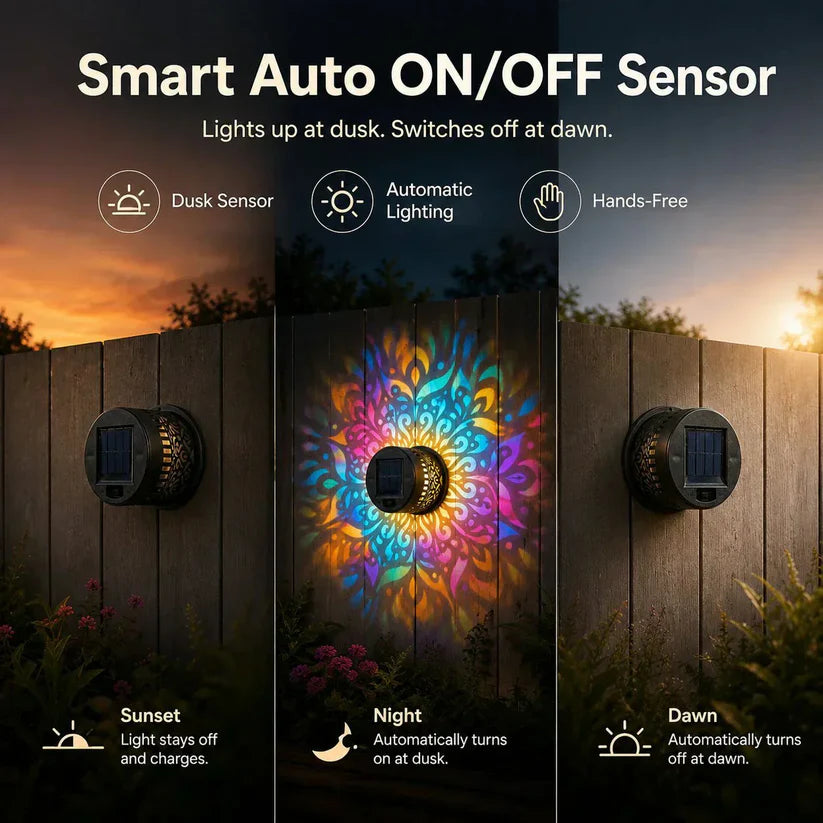 💥Solar Mandala Wall Light Outdoor Garden Fence Projector Lamp Patio Ambient Decor
