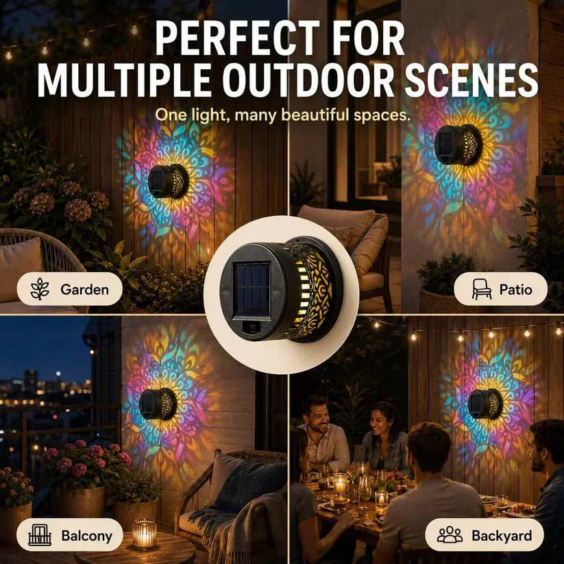 💥Solar Mandala Wall Light Outdoor Garden Fence Projector Lamp Patio Ambient Decor