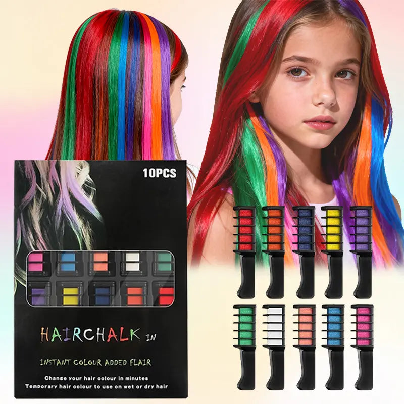 10-color hair dye chalk comb set, perfect for parties/cosplay, safe and washable,