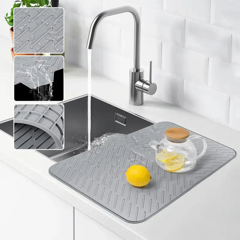 Silicone Large Size Dish Drying Mat with Built-in Drain Lip Dish Drainer Mats for Kitchen Counter Easy-Clean High