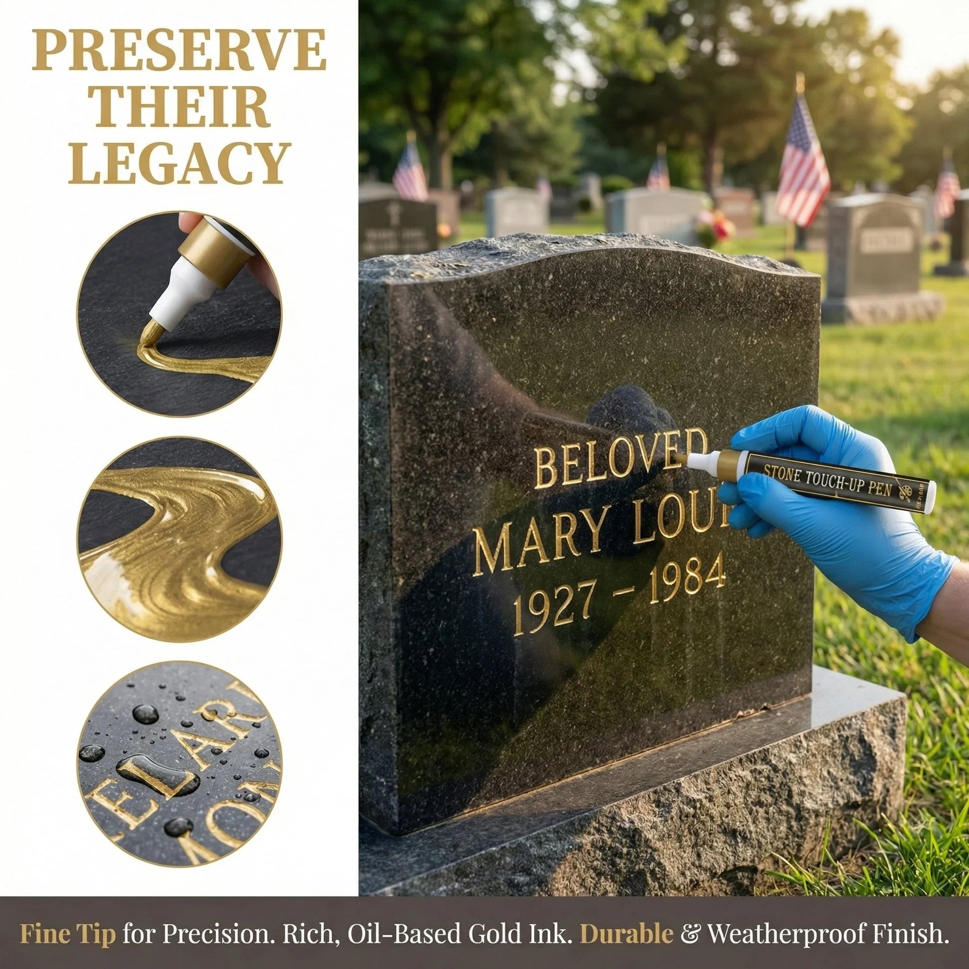 💛 Golden Tombstone Marker – Restore Names & Dates, Weatherproof & Precise ✍️🕊️