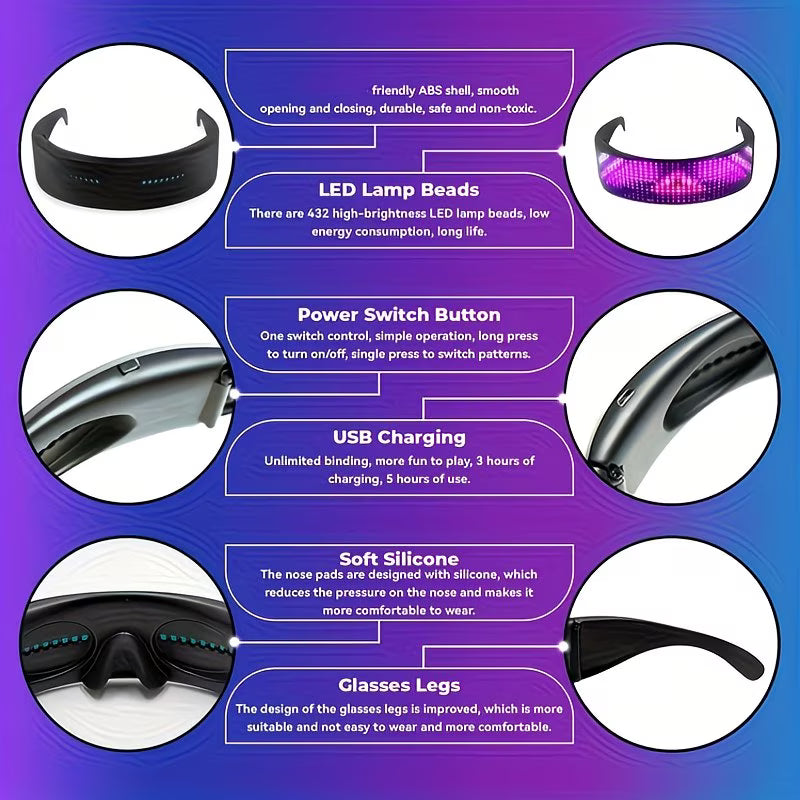 🔥 App-Controlled Full-Color LED Glasses – Customize Dynamic Lights for Parties & Festivals! 🎉
