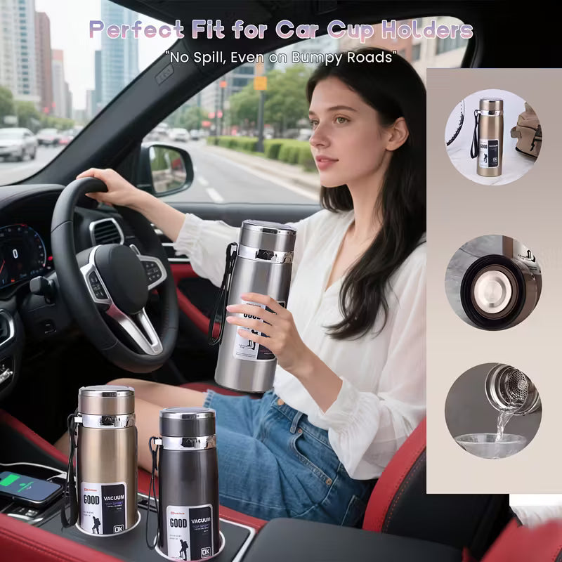 विशाल क्षमता भएको इन्सुलेट गरिएको कप, चुहिने जोखिमविहीन ढक्कन र बोक्ने पट्टा सहित