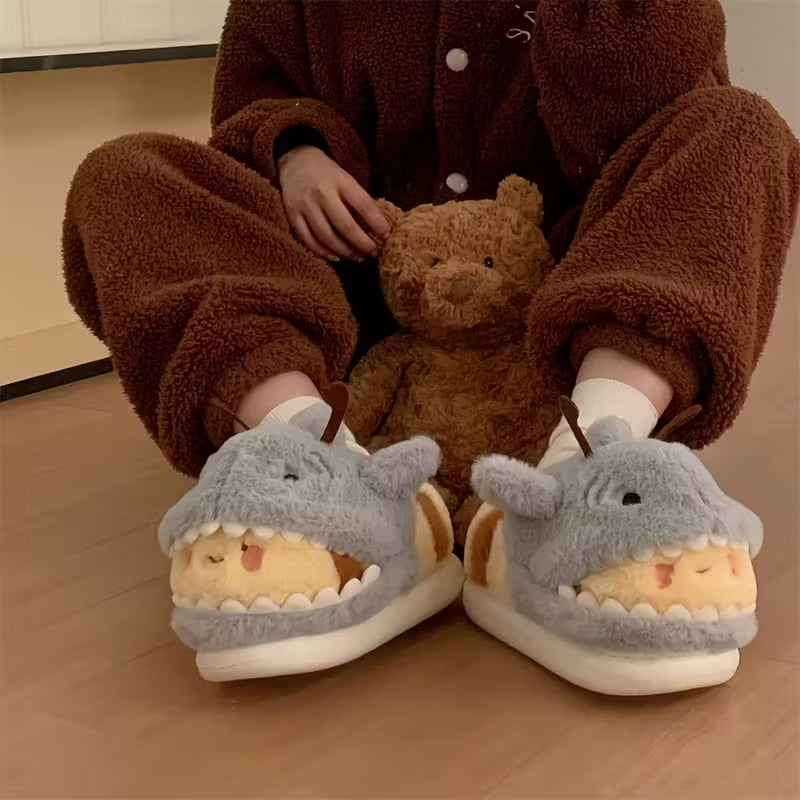 Cute And Fun Shark And Bee Fuzzy Winter Slippers