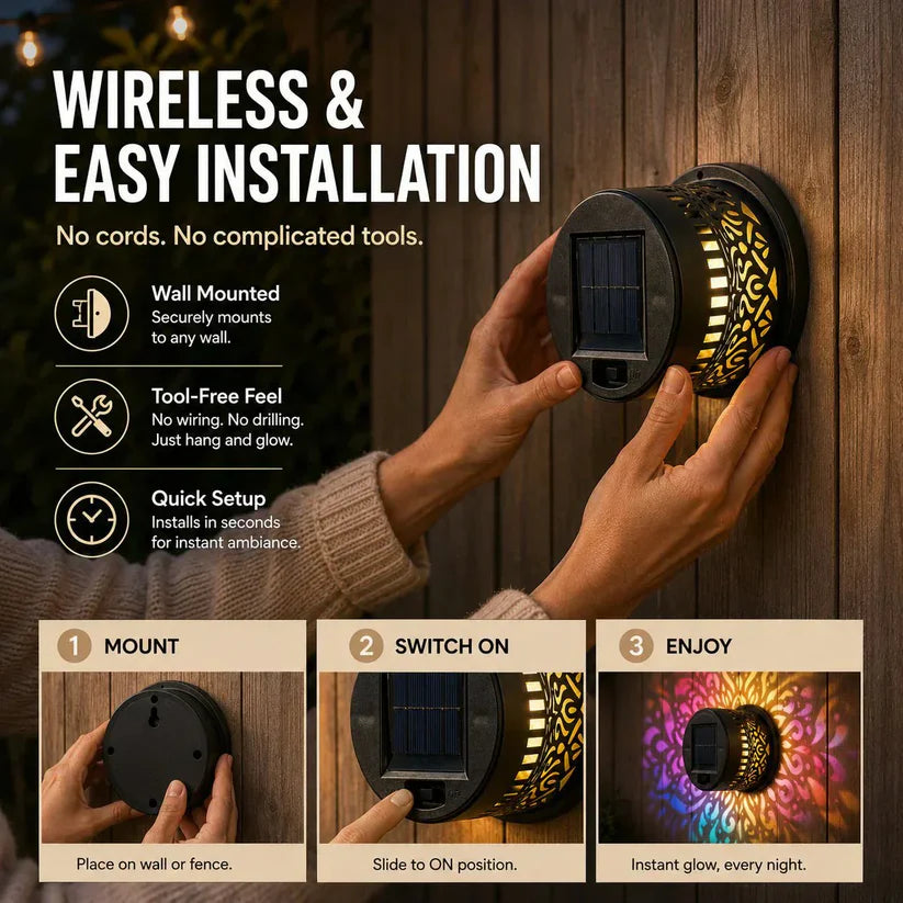 💥Solar Mandala Wall Light Outdoor Garden Fence Projector Lamp Patio Ambient Decor