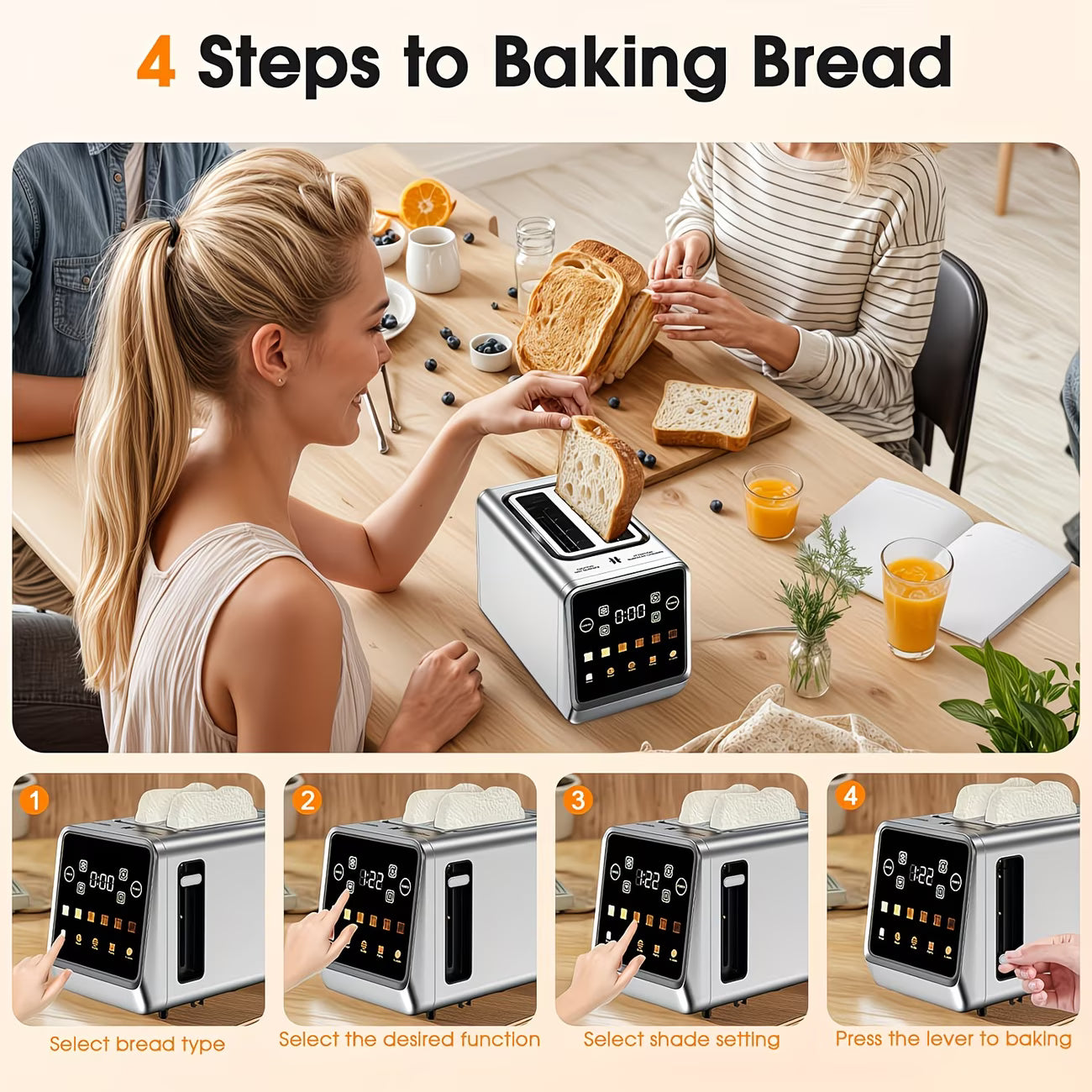2-Slice Smart Touchscreen Stainless Steel Toaster with Memory Function