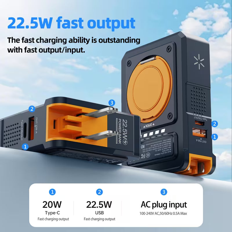 🔥 5-in-1 स्मार्ट AC प्लग पावर बैंक | 10000mAh | 22.5W फास्ट चार्ज | म्याग्नेटिक वायरलेस चार्ज | घुम्ने स्ट्यान्डसहित 🔥