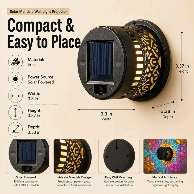 💥Solar Mandala Wall Light Outdoor Garden Fence Projector Lamp Patio Ambient Decor
