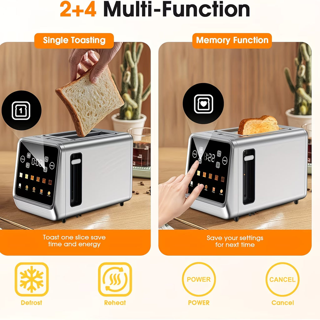 2-Slice Smart Touchscreen Stainless Steel Toaster with Memory Function