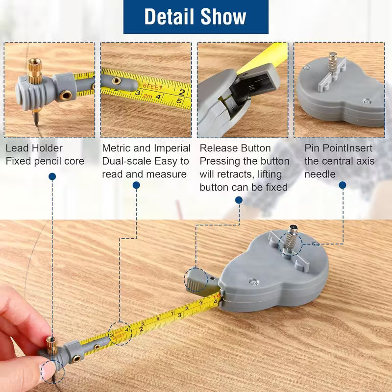 २ मि एल्यो वुडवर्किङ सर्कल मापन टेप, १० पेंसिल लिडसहित, सटीक मार्किङ कम्पास