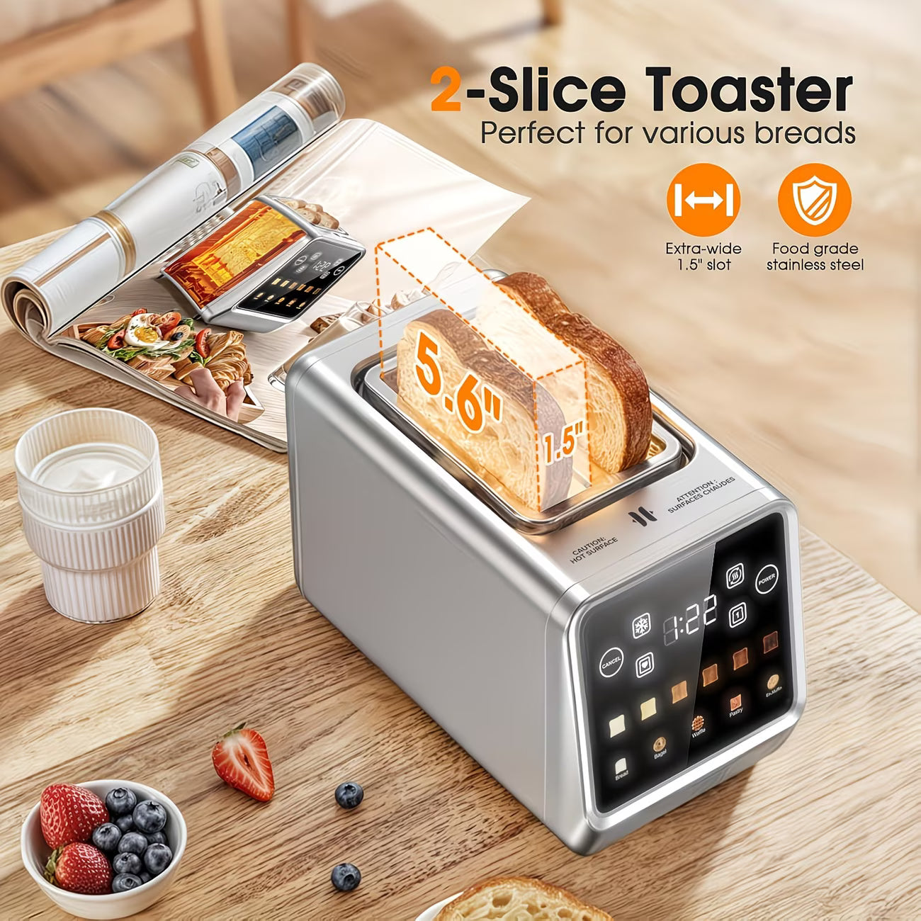 2-Slice Smart Touchscreen Stainless Steel Toaster with Memory Function